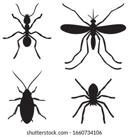 vector pictograms of four different insects in black. Ant, cockroach, spider, mosquito.