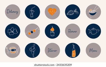 Vector pictograms. Line art style illustrations with social media Highlights covers. Cute icons for restaurant, cafe, bar. Japanese food.

