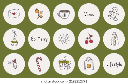 Vector pictograms. Social media highlights cover. Christmas theme. Cute holiday's icons for restaurant, cafe, bloggers. 