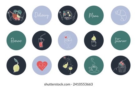 Vector pictograms. Social media Highlights cover. Cute icons for restaurant, cafe or bar. Line art style illustrations.