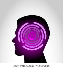 Vector pictograph of atom with human head silhouette isolated on abstract background 