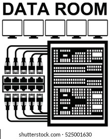 Vector pictograph of data room or storage server room at work with computers, networking cables for storage and backup of data with high security. Telecommunication equipment in data center. 
