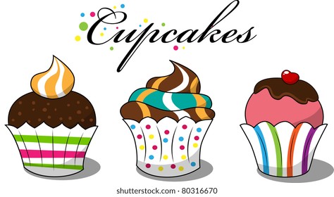 Vector picture with 3 cupcakes