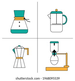 Vector picture about coffee machine for slow bar cafe such as drip coffee, French press, mocha pot and siphon coffee can use for cafe decoration. This set can be use as background or icon too