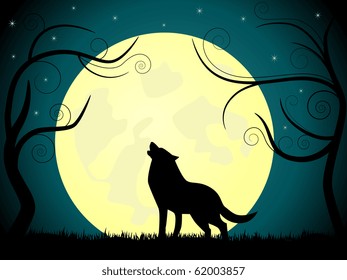 Vector picture about wolf barking on the moon.
