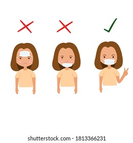 Vector picture about woman show wearing mask by wrong and right place on her face.vector illustration 