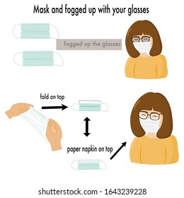 Vector picture about woman wear mask and fogged up her glasses and tell about solution that she can fold on top of mask that make her glasses clear so make she happy when wear mask to protect virus.