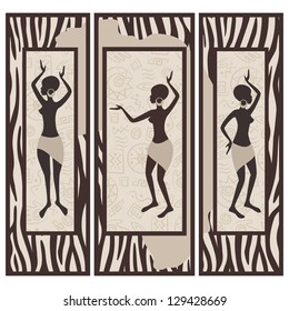 Vector picture of african american dancing woman on zebra skin background. Triptych.