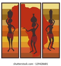 Vector picture of african american woman on colorful striped background. Triptych.