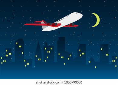 Vector picture of airplane flying in night time on background of illuminated cityscape. Eps vector illustration, horizontal image, flat design
