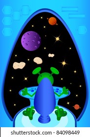 vector picture with alien in the spaceship cockpit in the universe