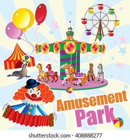 Vector picture an amusement Park with a carousel, Ferris wheel and a clown