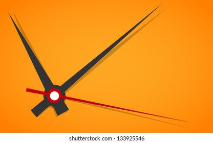 Vector picture of analog clock face, watch.Conception of punctuality or deadline. Precise time-keeping and measurement of time. Timepiece with arrows pointing on hour, minutes and seconds on orange.