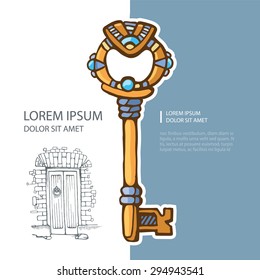 vector picture of ancient gold key with jewels. cover template with place for your text.