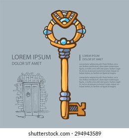 vector picture of ancient gold key with jewels. cover template with place for your text.