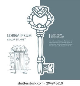 vector picture of ancient gold key with jewels. cover template with place for your text.