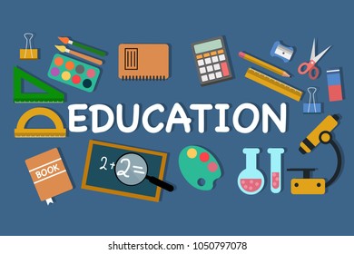 Vector picture of arranged school stationery and word Education in arrangement. Eps vector illustration, horizontal image, flat design