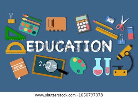 Vector picture of arranged school stationery and word Education in arrangement. Eps vector illustration, horizontal image, flat design