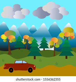 Vector picture with autumn forest and mountains.