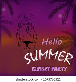 vector picture beach party with text hello summer at sunset with palm trees and beautiful girl silhouette for poster poster