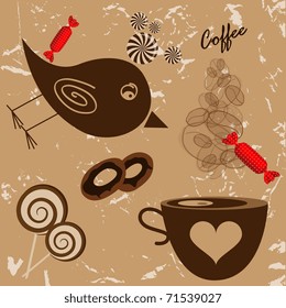 Vector picture with bird, coffee cup and candies