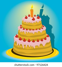 Vector picture with birthday cake. cake with candle. menu background.