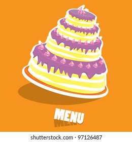 Vector picture with birthday cake. cake with candle. menu background.