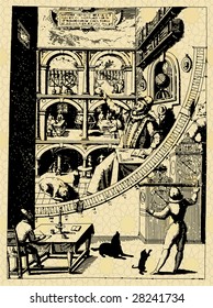 vector picture, black ink drawing, ancient scientist inside the lab