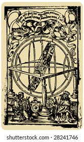 vector picture, black ink drawing - two ancient scientist and astronomic spheres machine