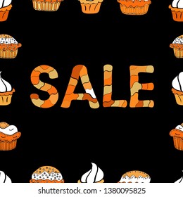 Vector. Picture in black, orange and white colors. Seamless pattern. Special Offer Sale Paper Tag, Banner, Poster or Flyer design on black, orange and white background, Creative.