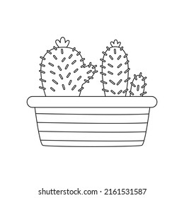 Vector picture of black and white cacti in pots on white background.