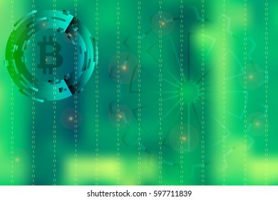Vector picture with blurred background on for illustration of movement in digital business with binary code and bitcoin symbol in green.
