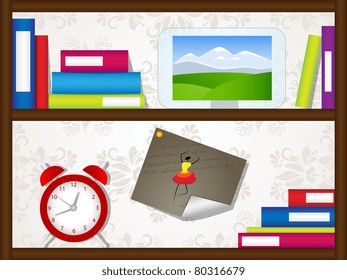Vector picture with book shelves, clock and picture frame