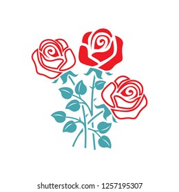 The vector picture a bouquet from the opened buds of roses. Set of vector icons. Delicate beautiful flower with thorns. Flat design.