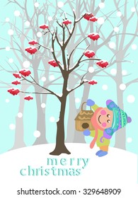 Vector picture with a boy under ash. New year greeting card. For your design