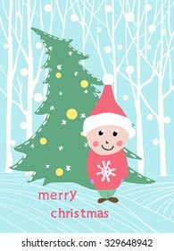Vector picture with a boy under the tree. New year greeting card. For your design