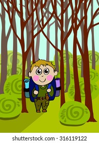 Vector picture with the boy in the woods. The boy goes camping.
