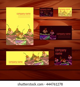 Vector picture with branded papers on a wooden table for confectionery.