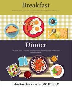 Vector picture of breakfast, dinner at restaurant or cafe