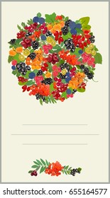 Vector picture with bright berries and leaves and place for inscription. Seasonal holidays and postcards.