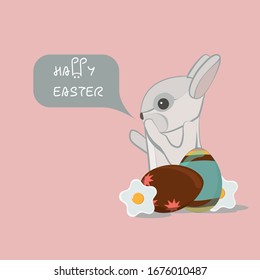 Vector picture: bunny celebrate with happy easter with eggs and flowers