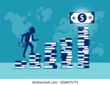 Vector picture of businessman climbing steps of books in desire to gain money. 