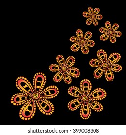 vector picture card orange flowers on a black background. easy to use. in the style of henna painting. hand draw.