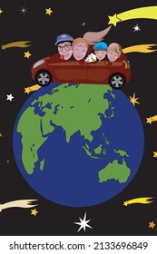vector picture in cartoon style with the Earth and red car on it