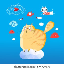 Vector picture the cats in the sky on the clouds with the fishes
