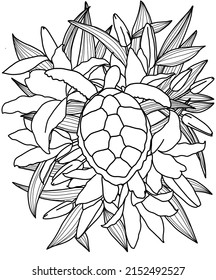 Vector picture in the center of the turtle with a pattern, around the flowers and leaves of the lily