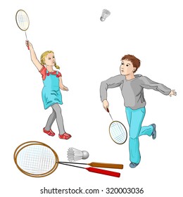 vector picture of children playing badminton
