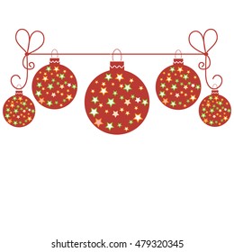 Vector picture with Christmas ball with stars hanging on a rope on white background.