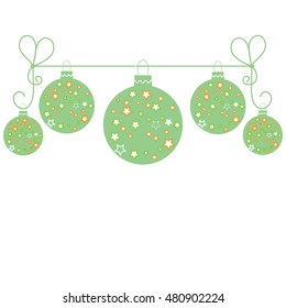 Vector picture with Christmas ball with stars hanging on a rope on white background.