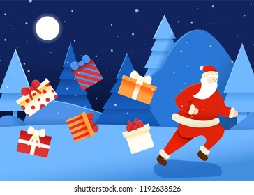 vector picture Christmas card or banner  funny cute santa claus runs with gifts and presents. Merry Christmas festive poster design
